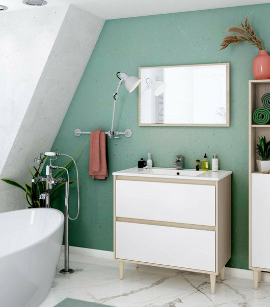 Mobile sottolavabo Berillo, Sotto lavabo bagno, Mobiletto da bagno con specchio, Lavabo non incluso, 80x45h80 cm, Bianco lucido e Rovere