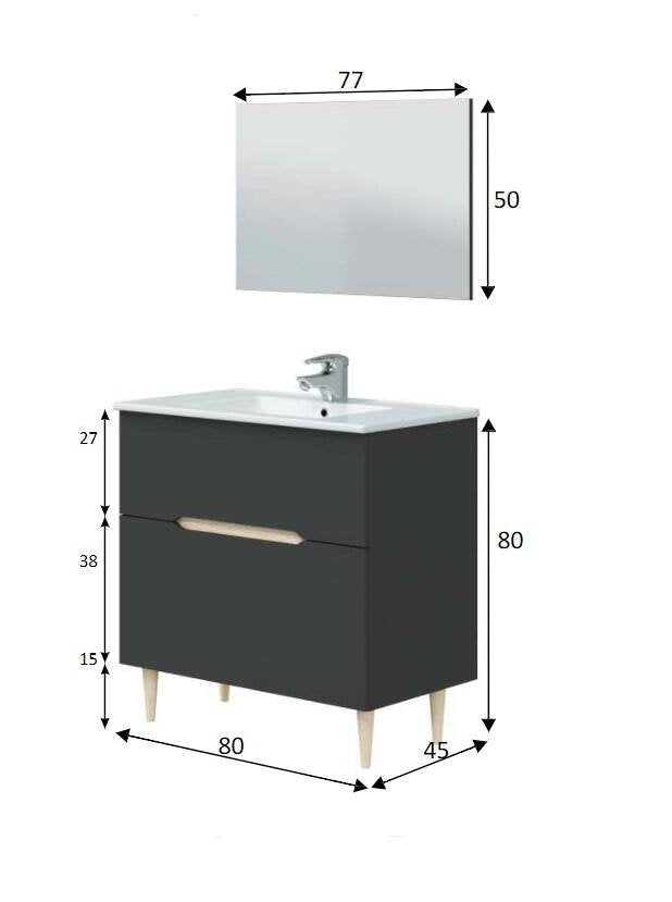 Mobile sottolavabo Avona, Sotto lavabo bagno, Mobiletto da bagno con specchio, Lavabo non incluso, 80x45h80 cm, Antracite e Rovere