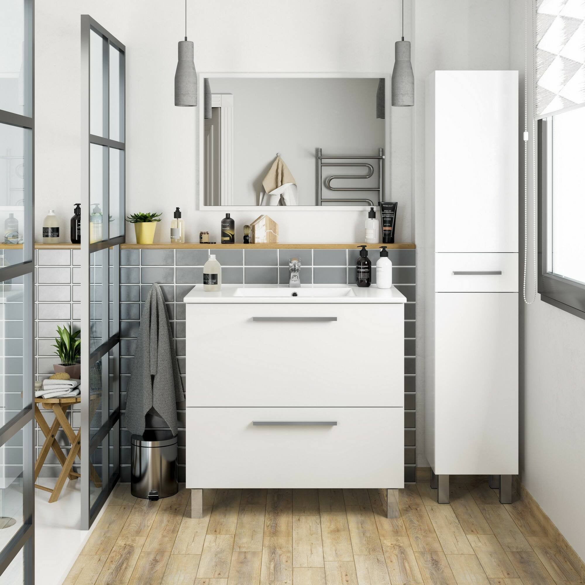 Colonna bagno Alka, Pensile bagno con 2 ante e 1 cassetto, Armadio alto, 35x31h182 cm, Bianco lucido