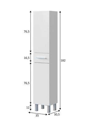 Colonna bagno Alka, Pensile bagno con 2 ante e 1 cassetto, Armadio alto, 35x31h182 cm, Bianco lucido