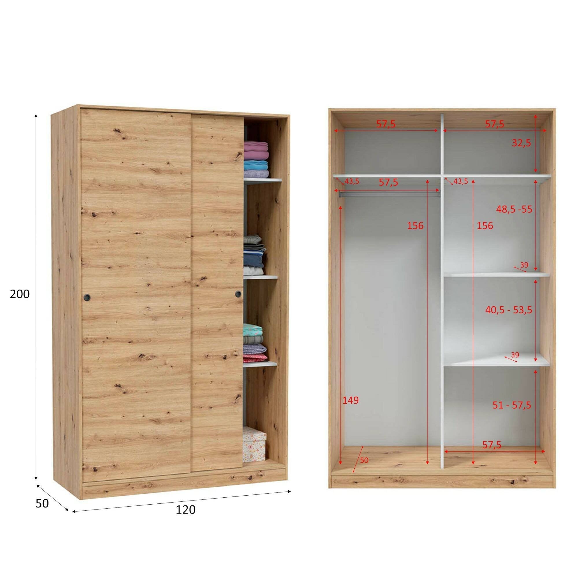 Guardaroba Adrenalin, Armadio per camera da letto a 2 ante scorrevoli, Mobile con 4 ripiani e barra appendiabiti, 120x50h200 cm, Rovere Nodi