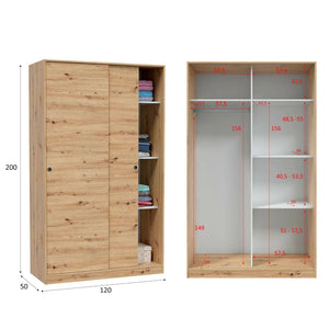 Guardaroba Adrenalin, Armadio per camera da letto a 2 ante scorrevoli, Mobile con 4 ripiani e barra appendiabiti, 120x50h200 cm, Rovere Nodi