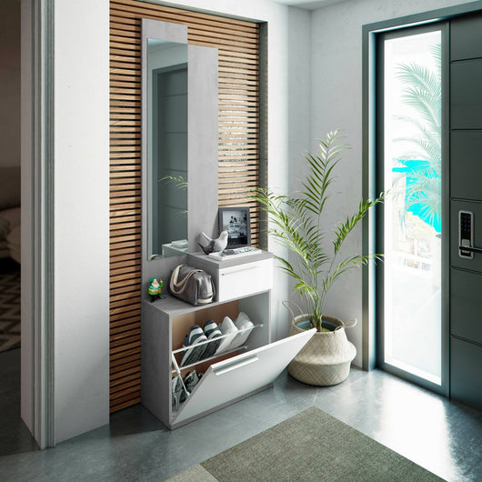 Mobile da ingresso Azzurro, Scarpiera multifunzione con specchio, Armadio a 1 anta e 1 cassetto, 61x28h185 cm, Cemento e Bianco lucido