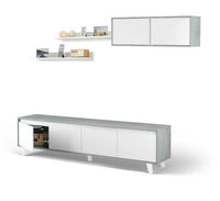 Parete attrezzata Kaya, Set da soggiorno, Mobile salotto multiuso, Parete attrezzata moderna, 200x41h50 cm, Cemento e Bianco lucido