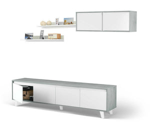 Parete attrezzata Kaya, Set da soggiorno, Mobile salotto multiuso, Parete attrezzata moderna, 200x41h50 cm, Cemento e Bianco lucido