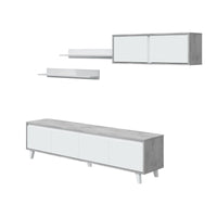 Parete attrezzata Kaya, Set da soggiorno, Mobile salotto multiuso, Parete attrezzata moderna, 200x41h50 cm, Cemento e Bianco lucido