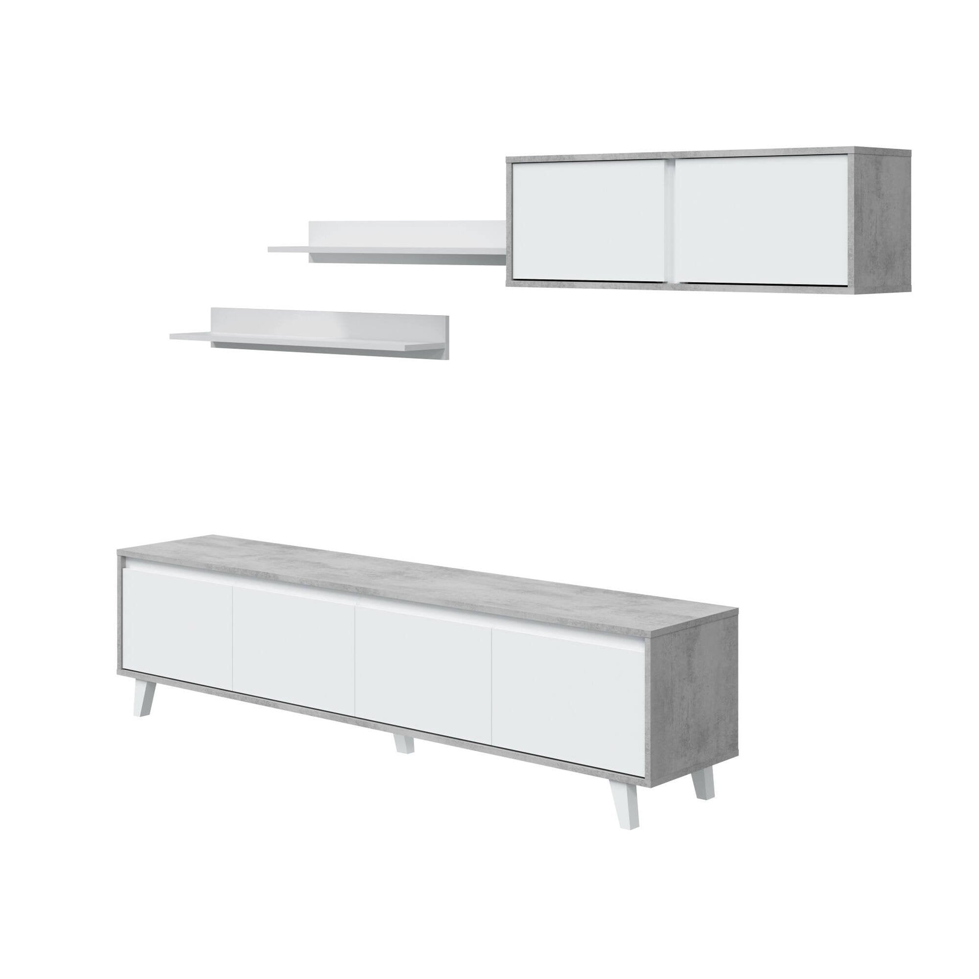 Parete attrezzata Kaya, Set da soggiorno, Mobile salotto multiuso, Parete attrezzata moderna, 200x41h50 cm, Cemento e Bianco lucido