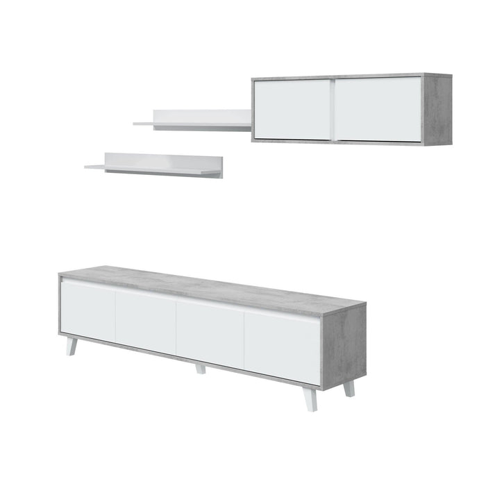 Parete attrezzata Kaya, Set da soggiorno, Mobile salotto multiuso, Parete attrezzata moderna, 200x41h50 cm, Cemento e Bianco lucido