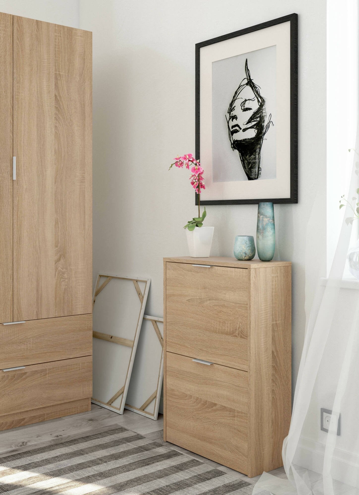 Scarpiera Arafat, Portascarpe salvaspazio a 2 ante, Scarpiera da ingresso , Armadio scarpiera, 50x22h76 cm, Rovere