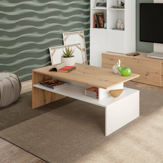 Tavolino da salotto Bartolomea, Tavolino soggiorno, Tavolino da caffÒ¨, Tavolo basso, 100x50h43 cm, Rovere Nodi e Bianco lucido