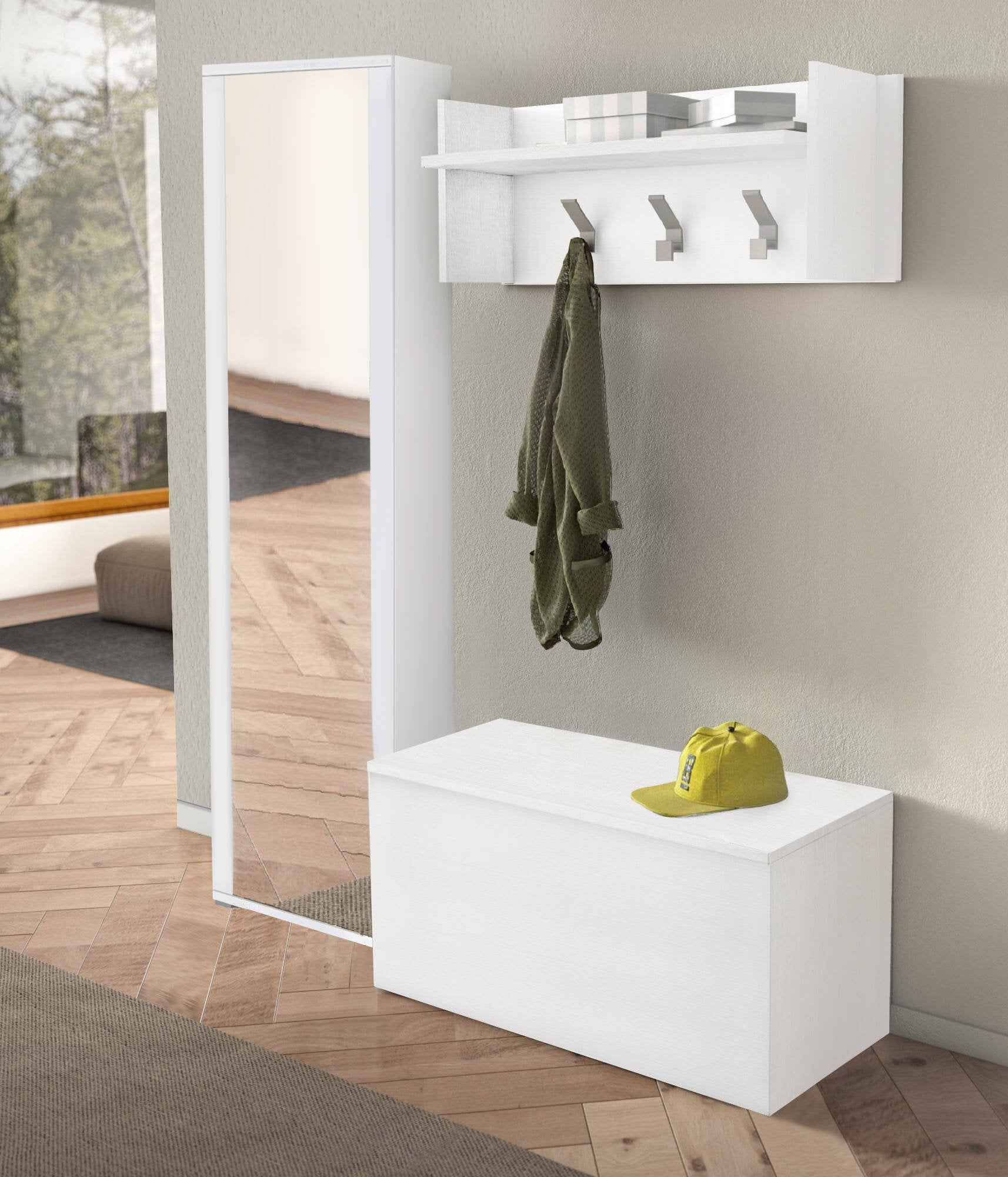 Mobile da ingresso Tanzanite, Entratina moderna con appendiabiti, Mobile con scarpiera, Armadietto con specchio, Cm 50x32h182, Bianco