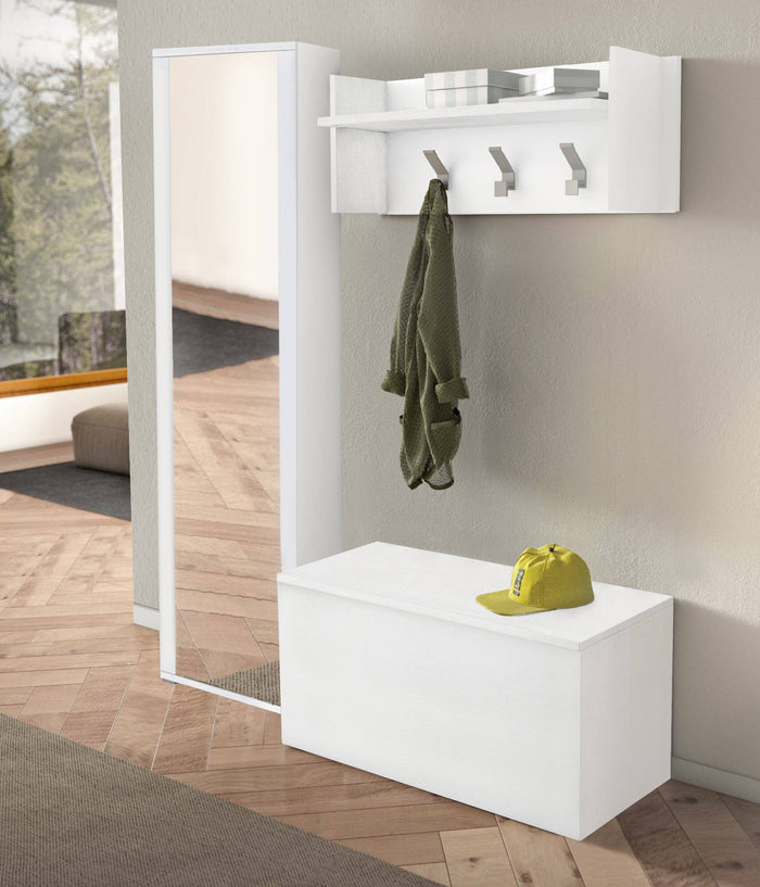 Mobile da ingresso Tanzanite, Entratina moderna con appendiabiti, Mobile con scarpiera, Armadietto con specchio, Cm 50x32h182, Bianco