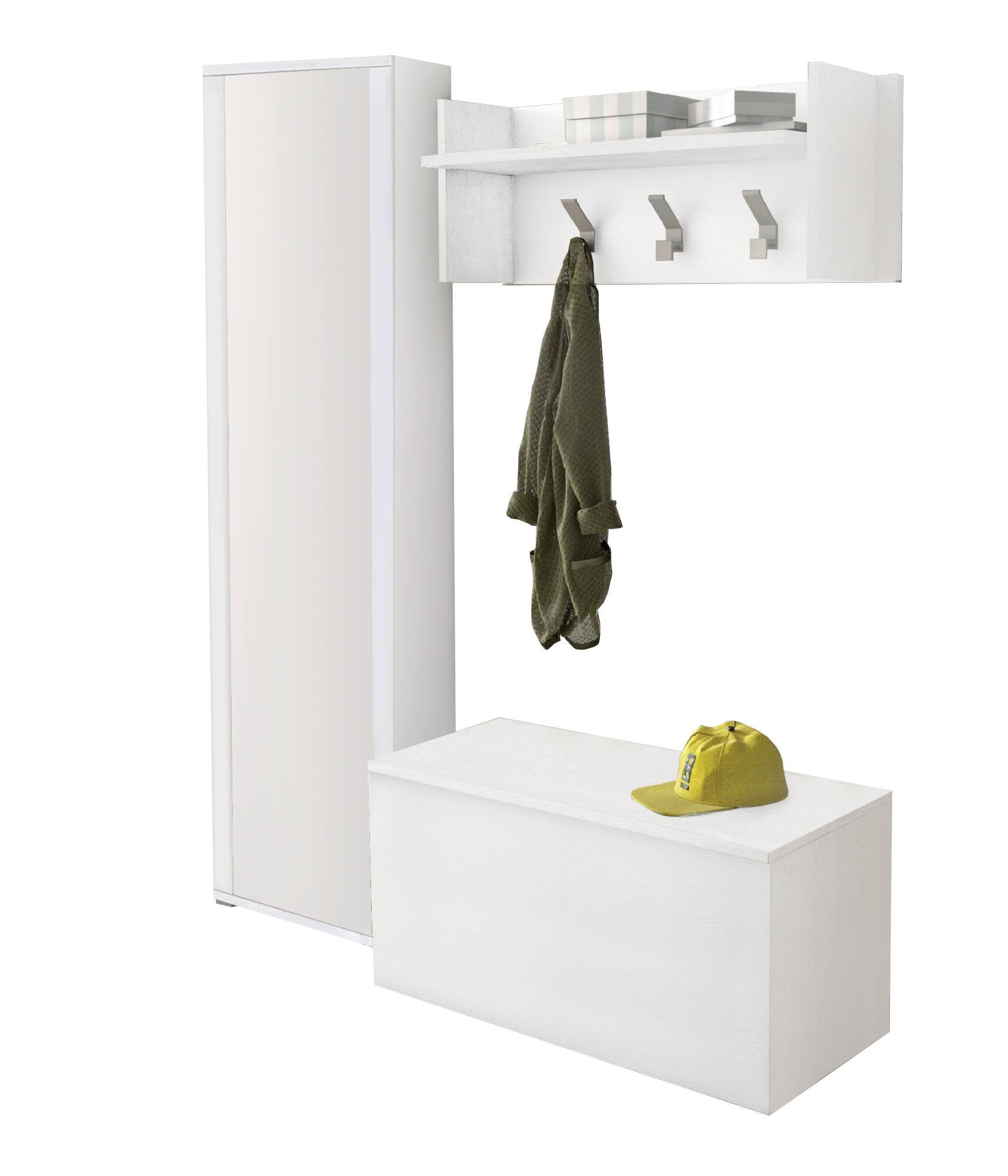 Mobile da ingresso Tanzanite, Entratina moderna con appendiabiti, Mobile con scarpiera, Armadietto con specchio, Cm 50x32h182, Bianco