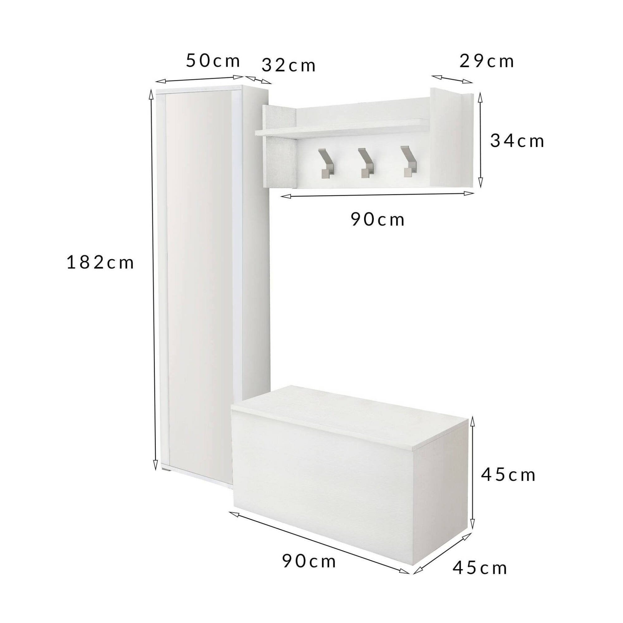 Mobile da ingresso Tanzanite, Entratina moderna con appendiabiti, Mobile con scarpiera, Armadietto con specchio, Cm 50x32h182, Bianco