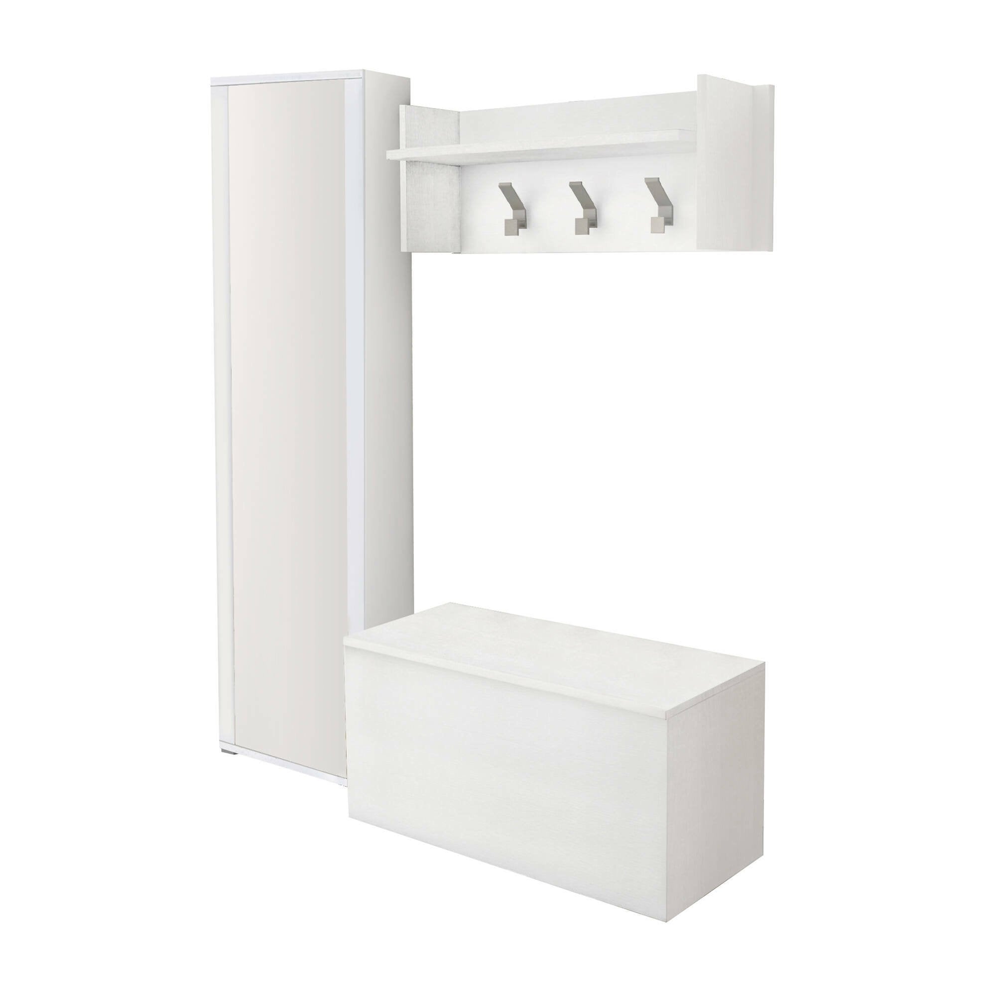 Mobile da ingresso Tanzanite, Entratina moderna con appendiabiti, Mobile con scarpiera, Armadietto con specchio, Cm 50x32h182, Bianco