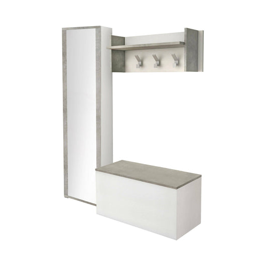 Mobile da ingresso Tanzanite, Entratina moderna con appendiabiti, Mobile con scarpiera, Armadietto con specchio, Cm 50x32h182, Bianco e Cemento