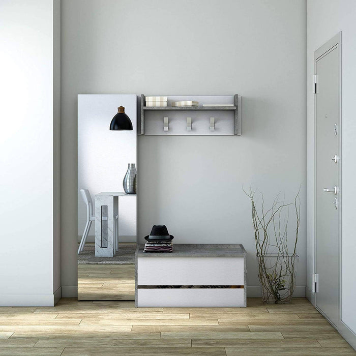 Mobile da ingresso Actinolite, Entratina moderna con appendiabiti, Mobile con scarpiera, Armadietto multifunzione, Cm 50x32h182, Cemento e Bianco