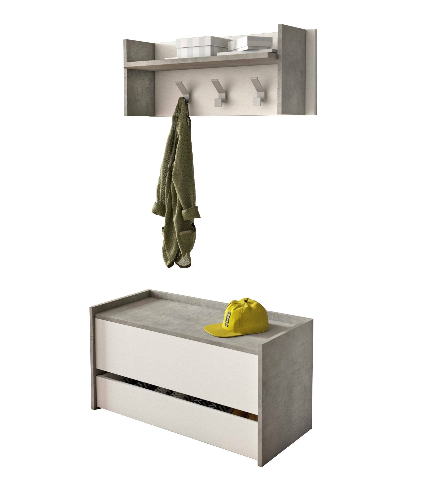 Mobile da ingresso Actinolite, Entratina moderna con appendiabiti, Mobile con scarpiera, Armadietto multifunzione, Cm 50x32h182, Cemento e Bianco