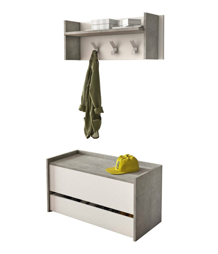 Mobile da ingresso Actinolite, Entratina moderna con appendiabiti, Mobile con scarpiera, Armadietto multifunzione, Cm 50x32h182, Cemento e Bianco