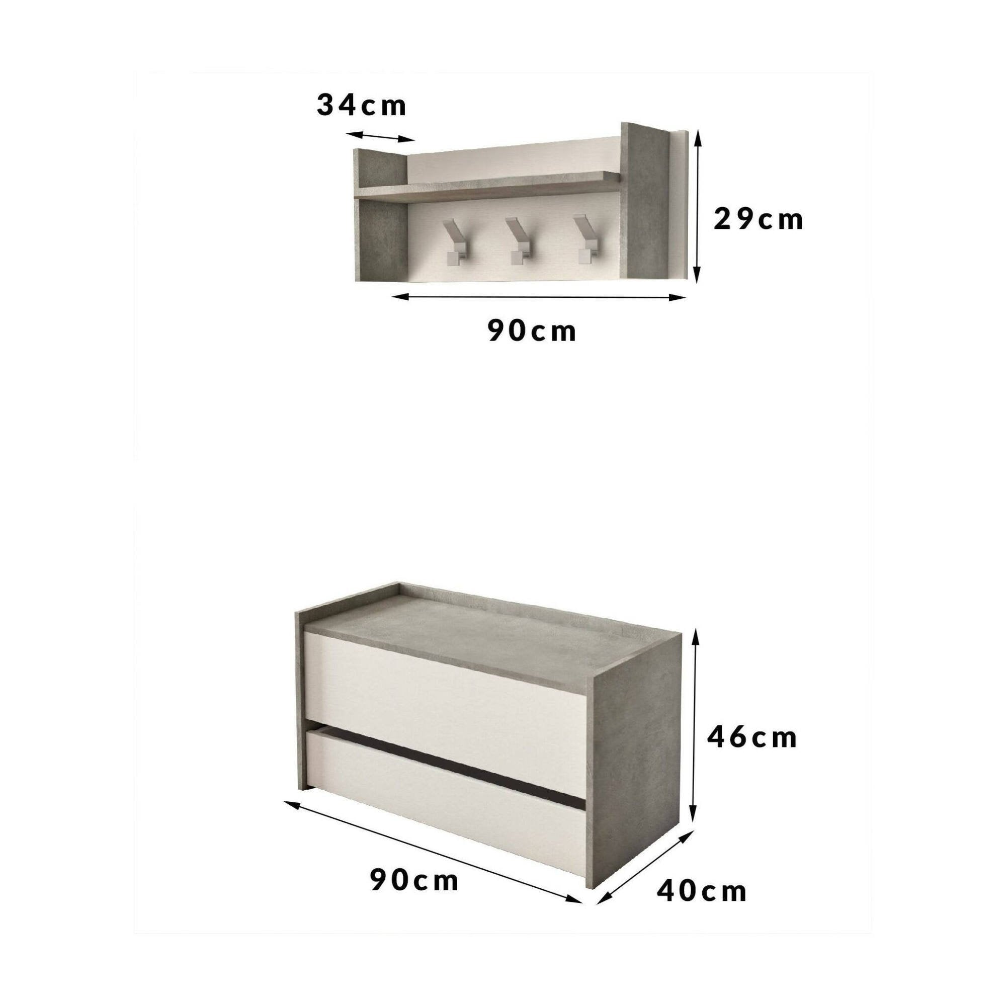 Mobile da ingresso Actinolite, Entratina moderna con appendiabiti, Mobile con scarpiera, Armadietto multifunzione, Cm 50x32h182, Cemento e Bianco