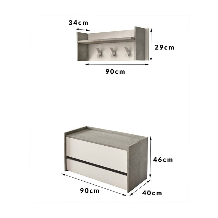 Mobile da ingresso Actinolite, Entratina moderna con appendiabiti, Mobile con scarpiera, Armadietto multifunzione, Cm 50x32h182, Cemento e Bianco