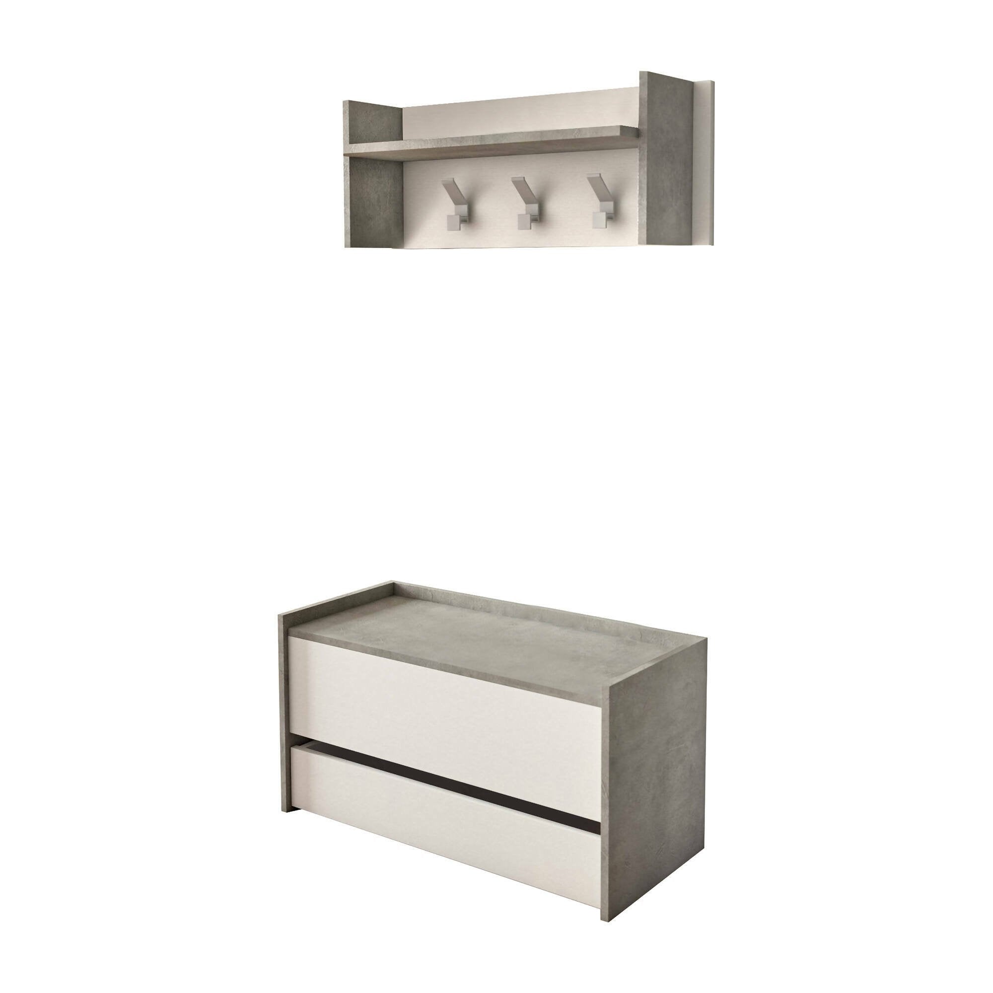 Mobile da ingresso Actinolite, Entratina moderna con appendiabiti, Mobile con scarpiera, Armadietto multifunzione, Cm 50x32h182, Cemento e Bianco