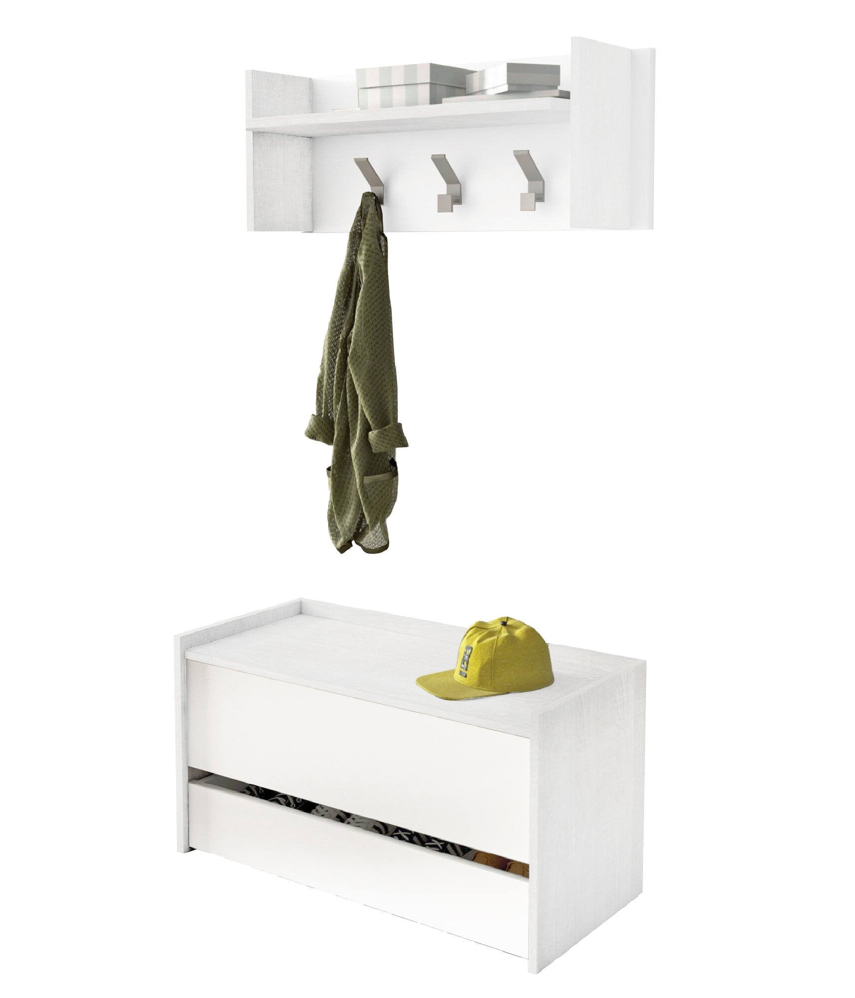 Mobile da ingresso Actinolite, Entratina moderna con appendiabiti, Mobile con scarpiera, Armadietto multifunzione, Cm 50x32h182, Bianco