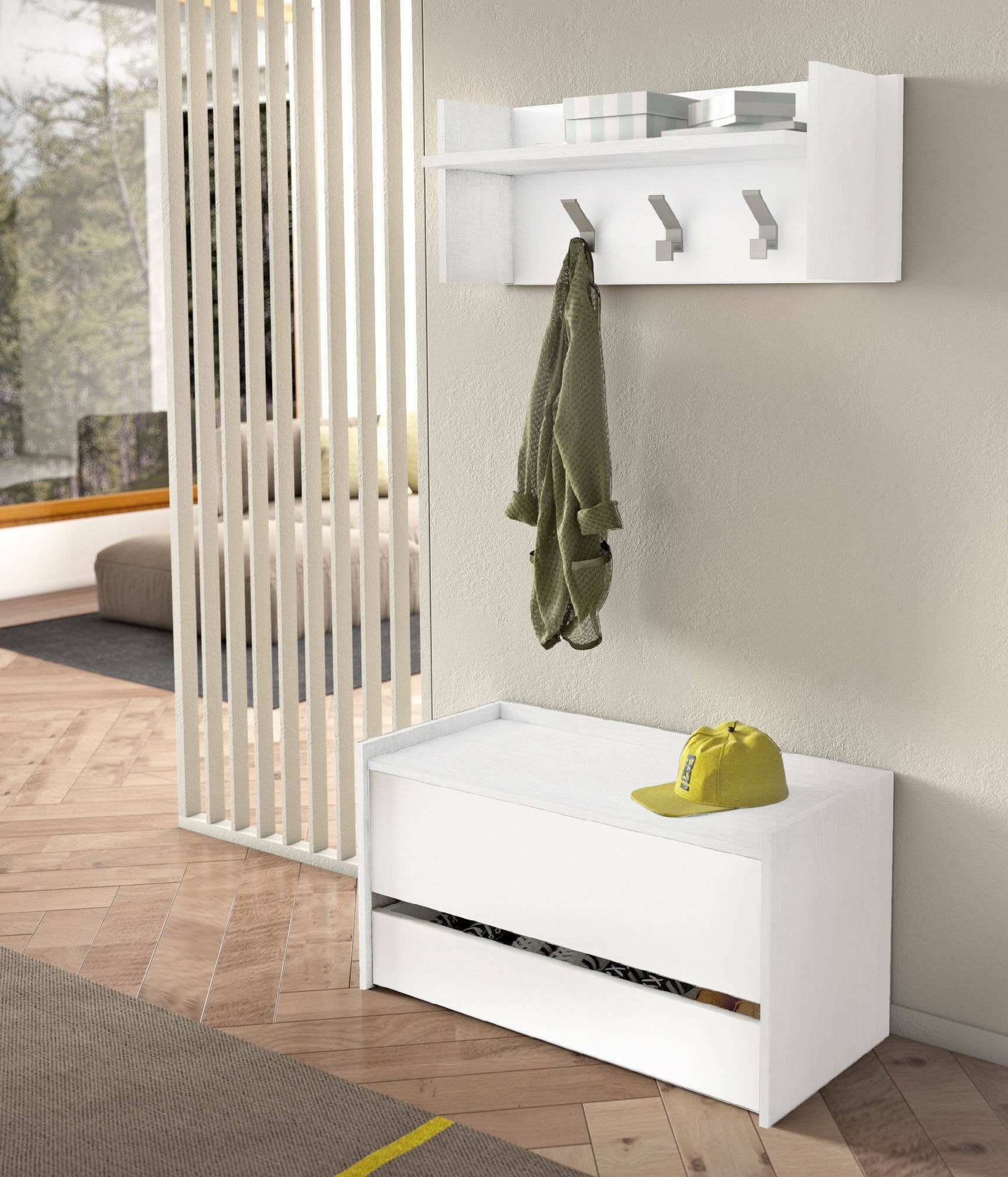 Mobile da ingresso Actinolite, Entratina moderna con appendiabiti, Mobile con scarpiera, Armadietto multifunzione, Cm 50x32h182, Bianco