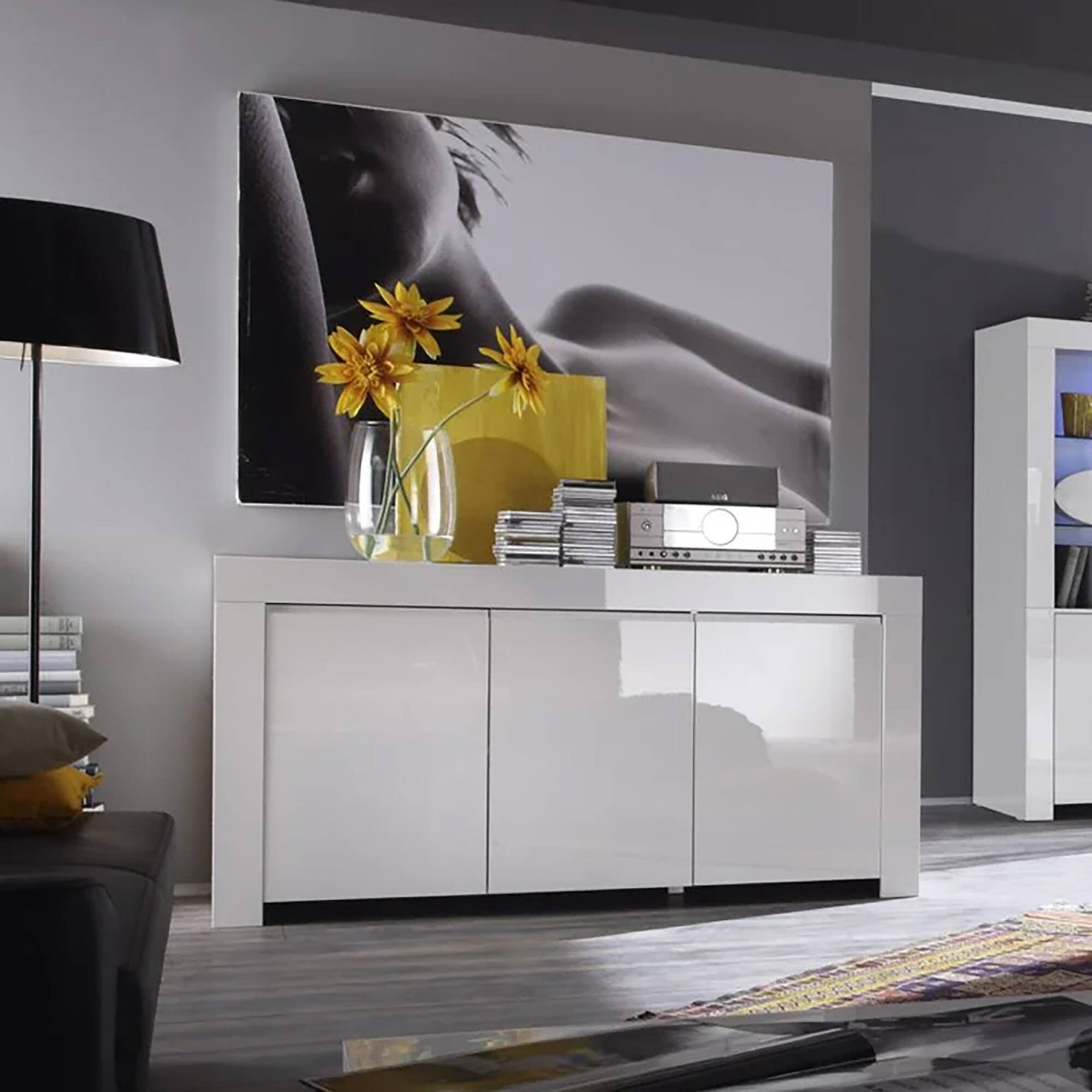 Credenza Zenobia, Buffet da soggiorno, Madia da salotto, Dispensa da cucina, Made in Italy, 162x50 h83 cm, Bianco lucido