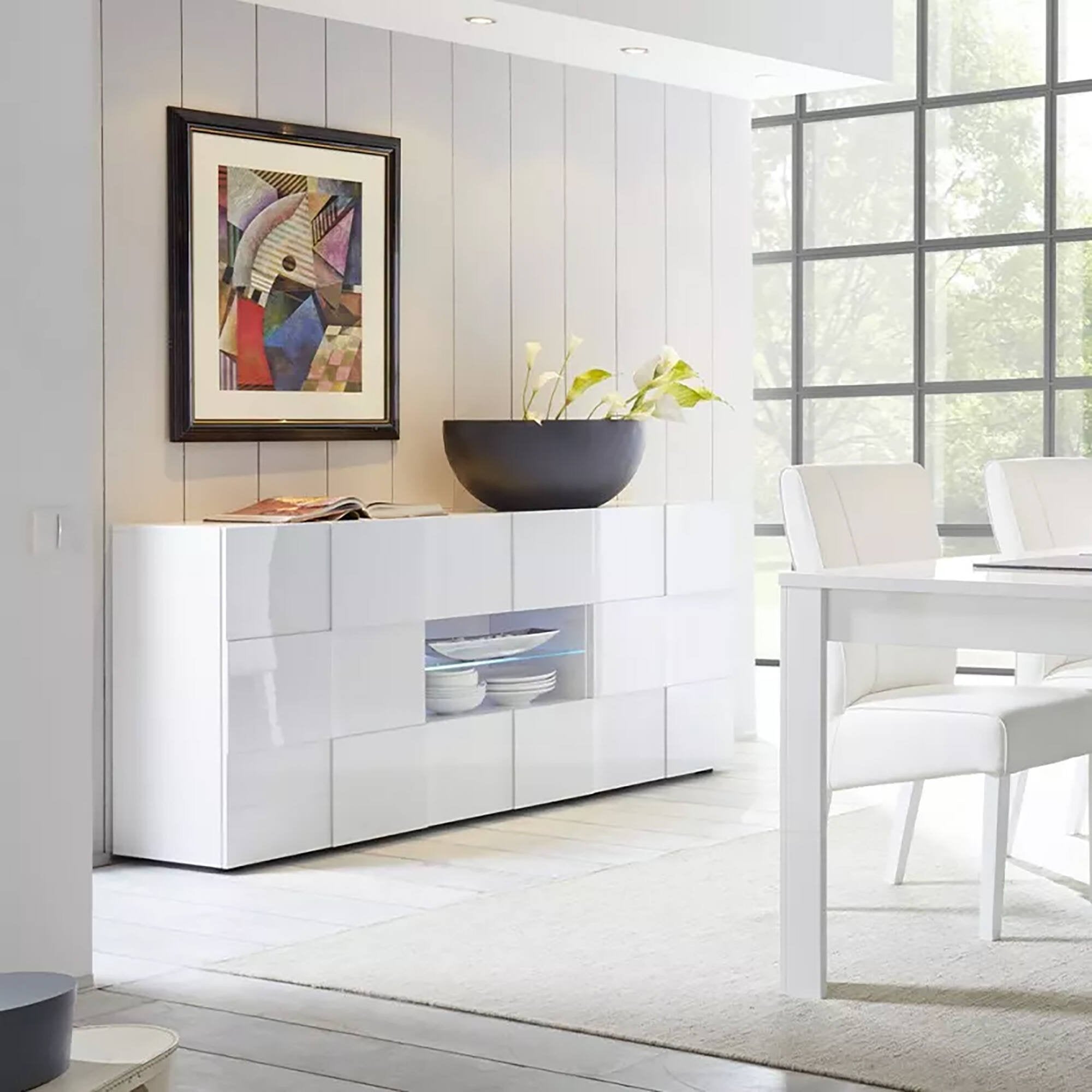 Credenza Zerba, Buffet da soggiorno, Madia da salotto, Dispensa da cucina, Made in Italy, 181x43 h84 cm, Bianco lucido