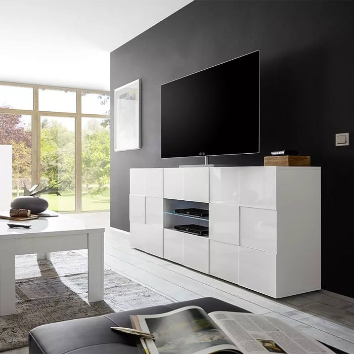 Credenza Zerba, Buffet da soggiorno, Madia da salotto, Dispensa da cucina, Made in Italy, 181x43 h84 cm, Bianco lucido