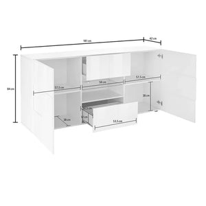 Credenza Zerba, Buffet da soggiorno, Madia da salotto, Dispensa da cucina, Made in Italy, 181x43 h84 cm, Bianco lucido