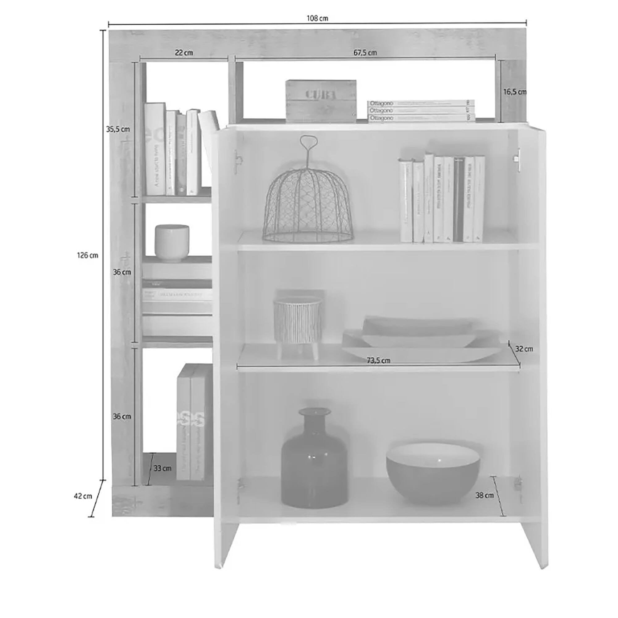 Credenza Smeraldo, Buffet da soggiorno, Madia da salotto, Dispensa da cucina, Made in Italy, 108x42 h127 cm, Bianco lucido e Ardesia