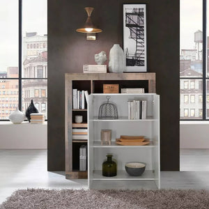 Credenza 0, Madia moderna a 2 ante e vani a giorno, Mobile portaoggetti con ripiani, Buffet da cucina,Made in Italy, cm 108x42h127, Bianco e Pero