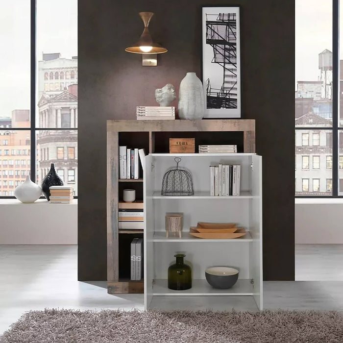 Credenza 0, Madia moderna a 2 ante e vani a giorno, Mobile portaoggetti con ripiani, Buffet da cucina,Made in Italy, cm 108x42h127, Bianco e Pero