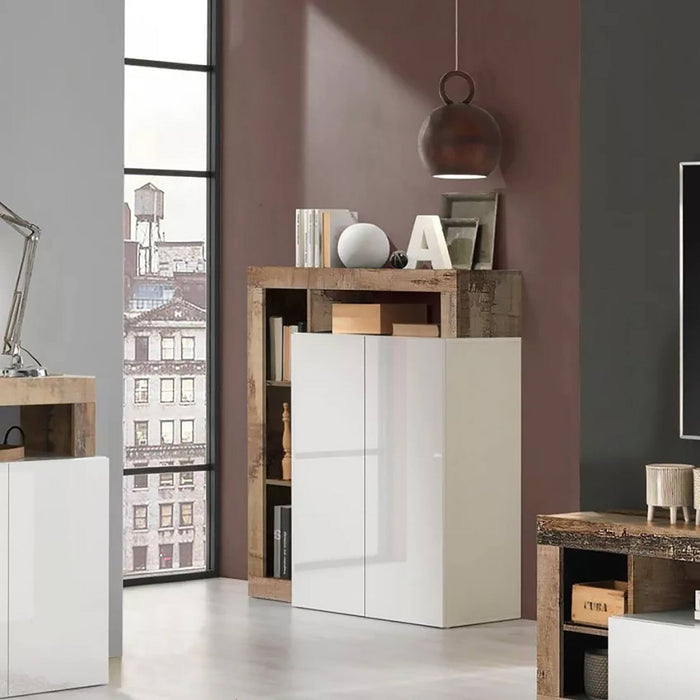 Credenza 0, Madia moderna a 2 ante e vani a giorno, Mobile portaoggetti con ripiani, Buffet da cucina,Made in Italy, cm 108x42h127, Bianco e Pero