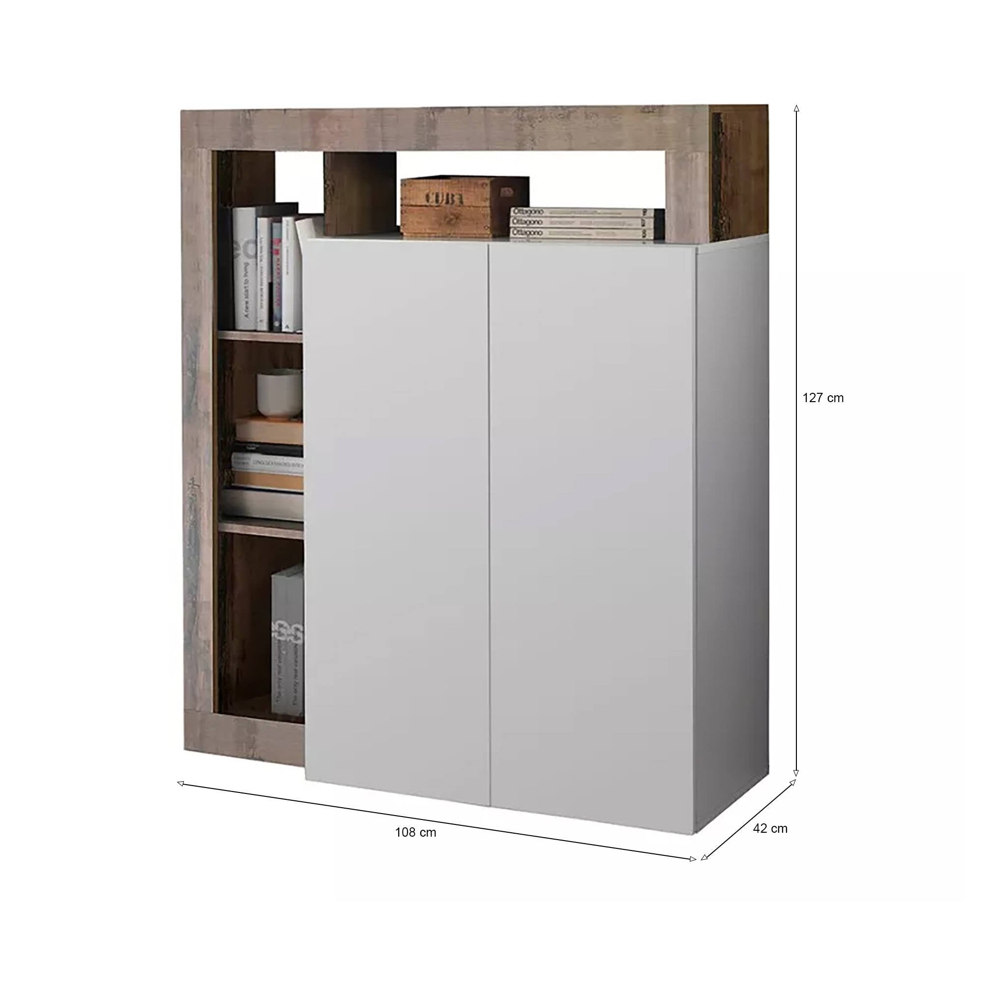 Credenza 0, Madia moderna a 2 ante e vani a giorno, Mobile portaoggetti con ripiani, Buffet da cucina,Made in Italy, cm 108x42h127, Bianco e Pero