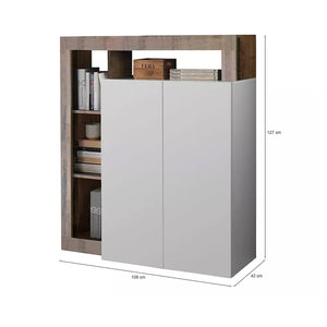 Credenza 0, Madia moderna a 2 ante e vani a giorno, Mobile portaoggetti con ripiani, Buffet da cucina,Made in Italy, cm 108x42h127, Bianco e Pero