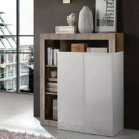 Credenza 0, Madia moderna a 2 ante e vani a giorno, Mobile portaoggetti con ripiani, Buffet da cucina,Made in Italy, cm 108x42h127, Bianco e Pero