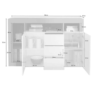 Credenza Atlantica, Buffet da soggiorno, Madia da salotto, Dispensa da cucina, Made in Italy, 146x42 h93 cm, Bianco lucido e Ardesia