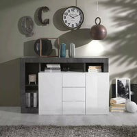 Credenza Atlantica, Buffet da soggiorno, Madia da salotto, Dispensa da cucina, Made in Italy, 146x42 h93 cm, Bianco lucido e Ardesia