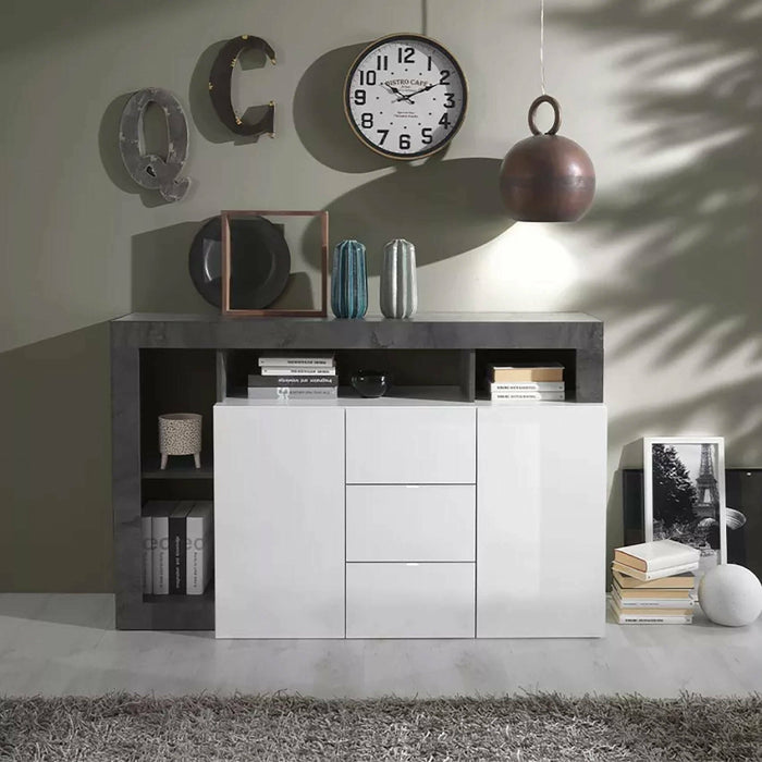 Credenza Atlantica, Buffet da soggiorno, Madia da salotto, Dispensa da cucina, Made in Italy, 146x42 h93 cm, Bianco lucido e Ardesia