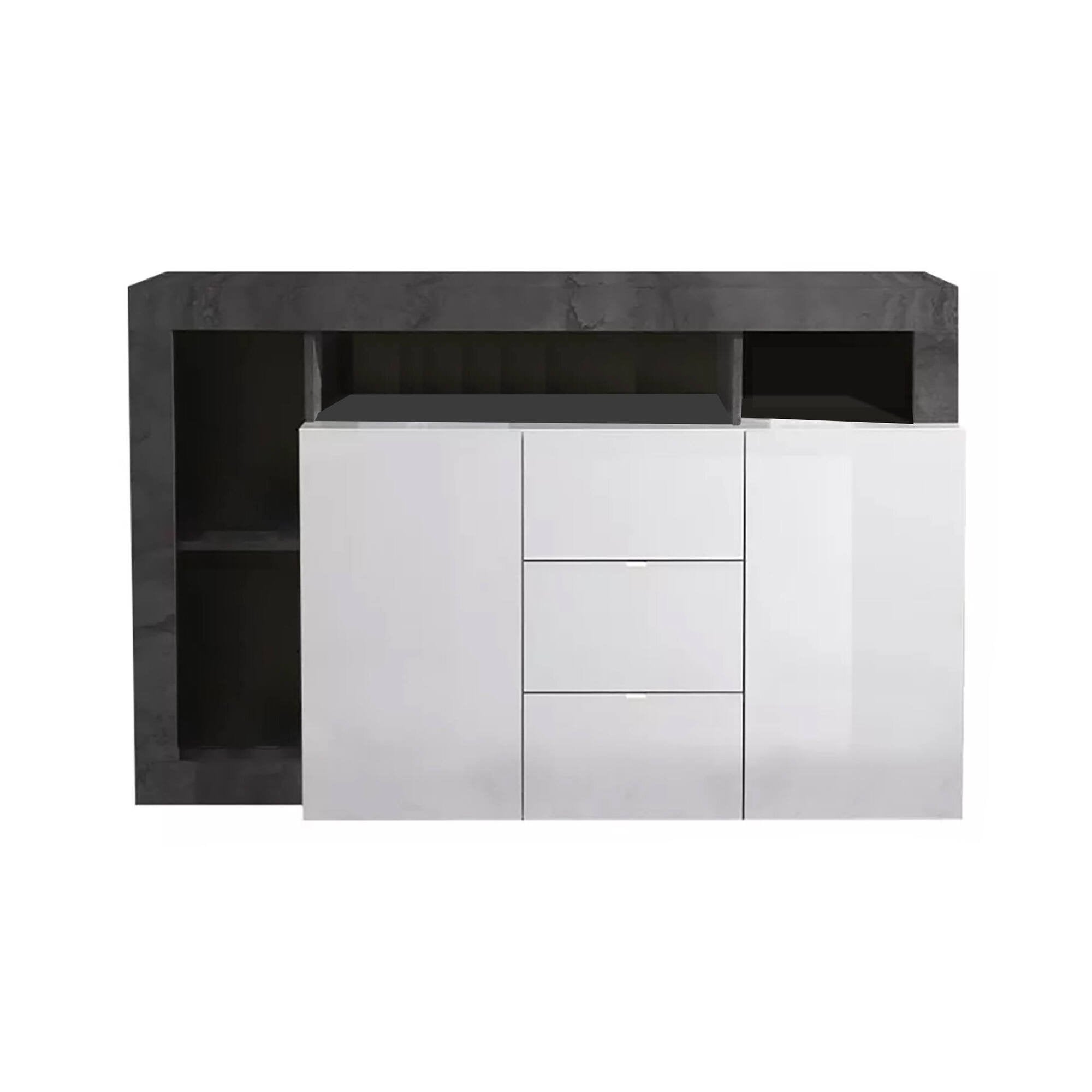 Credenza Atlantica, Buffet da soggiorno, Madia da salotto, Dispensa da cucina, Made in Italy, 146x42 h93 cm, Bianco lucido e Ardesia
