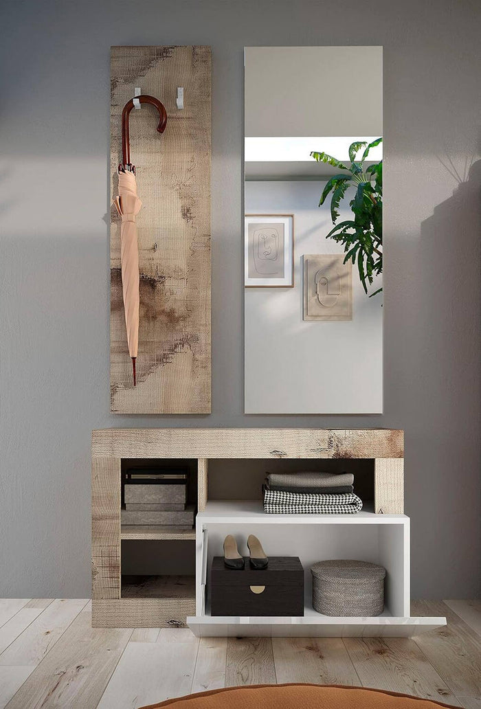 Scarpiera Adonide, Mobile portascarpe, Armadio da ingresso multiuso, Mobiletto per calzature, Made in Italy, 91x35 h58 cm, Bianco lucido e Acacia