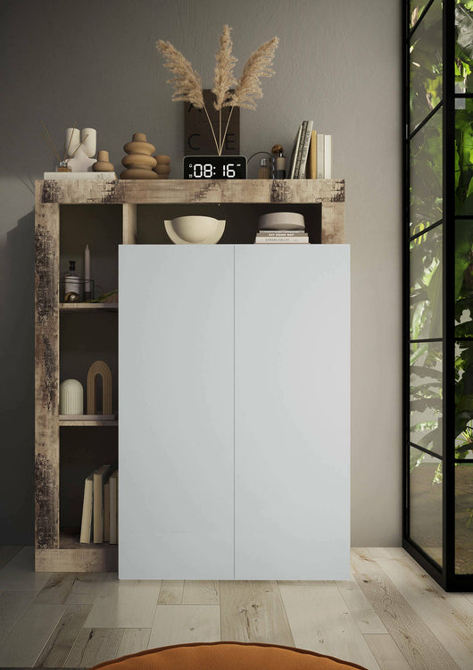 Armadio multiuso 2 ante Cipresso, Mobile multifunzionale, Mobiletto scarpiera, Porta scarpe, Made in Italy, 78x35 h116 cm, Bianco lucido e Rovere