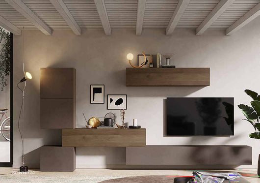 Parete attrezzata Lingling, Composizione soggiorno, Mobile salotto multiuso, Armadio porta TV, Made in Italy, 340x30 h169 cm, Bronzo e Noce