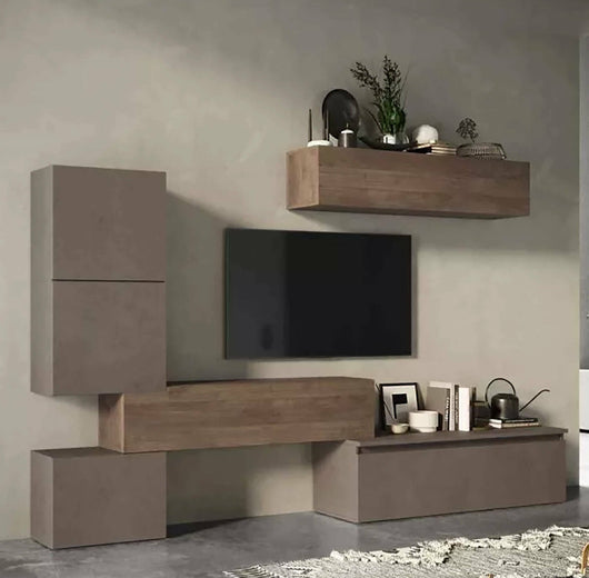 Parete attrezzata Nana, Composizione soggiorno, Mobile salotto multiuso, Armadio porta TV, Made in Italy, 290x40 h190 cm, Bronzo e Noce