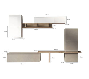 Parete attrezzata Tammy, Composizione soggiorno, Mobile salotto multiuso, Armadio porta TV, Made in Italy, 290x40 h195 cm, Bianco lucido e Rovere