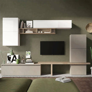 Parete attrezzata Tammy, Composizione soggiorno, Mobile salotto multiuso, Armadio porta TV, Made in Italy, 290x40 h195 cm, Bianco lucido e Rovere