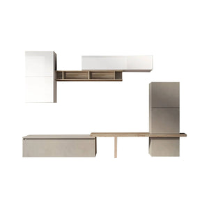 Parete attrezzata Tammy, Composizione soggiorno, Mobile salotto multiuso, Armadio porta TV, Made in Italy, 290x40 h195 cm, Bianco lucido e Rovere